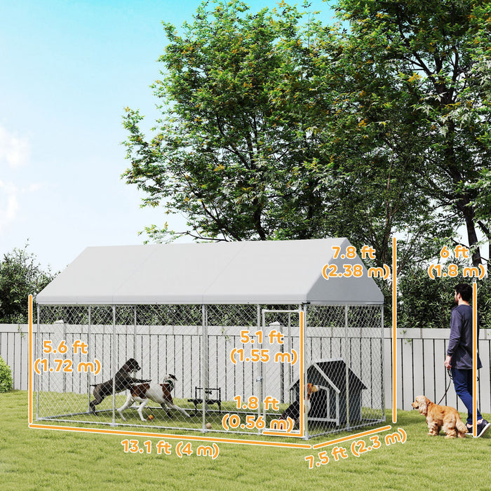 Pawhut Large Dog Kennel With Roof And Safety Lockable Latch, Heavy-duty Galvanized Steel Dog Run Chain Link W/ Waterproof Uv-resistant Cover, 13.1' X 7.5' X 7.8'