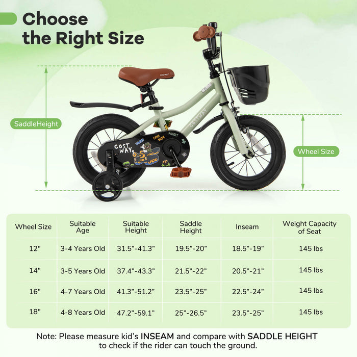 Costway 12\" Kid's Bike With Training Wheels Adjustable Handlebar & Seat Handbrake Green