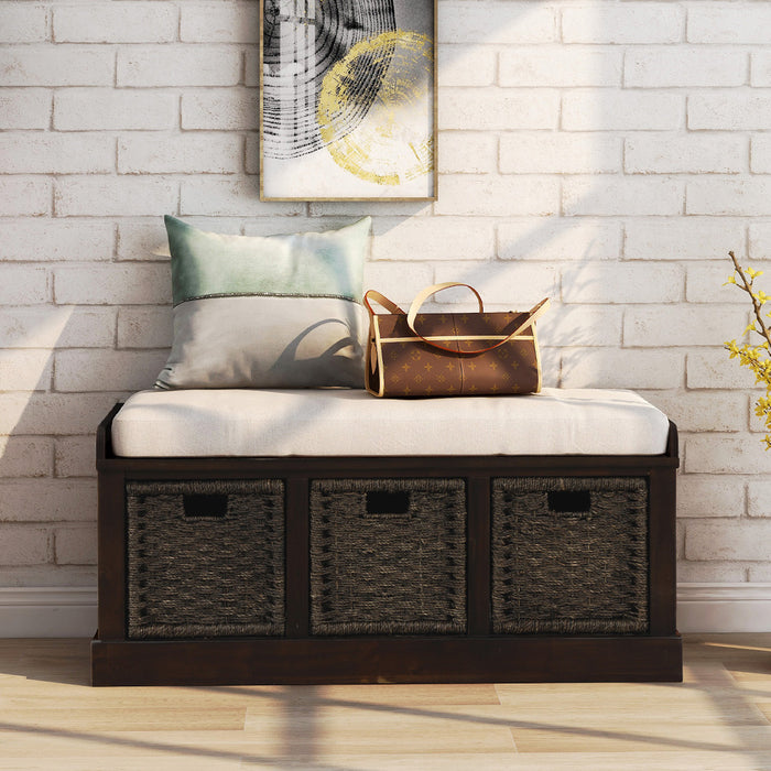 Leif Solid Wood And Rattan Baskets Storage Bench With Cushioned Seat - Espresso