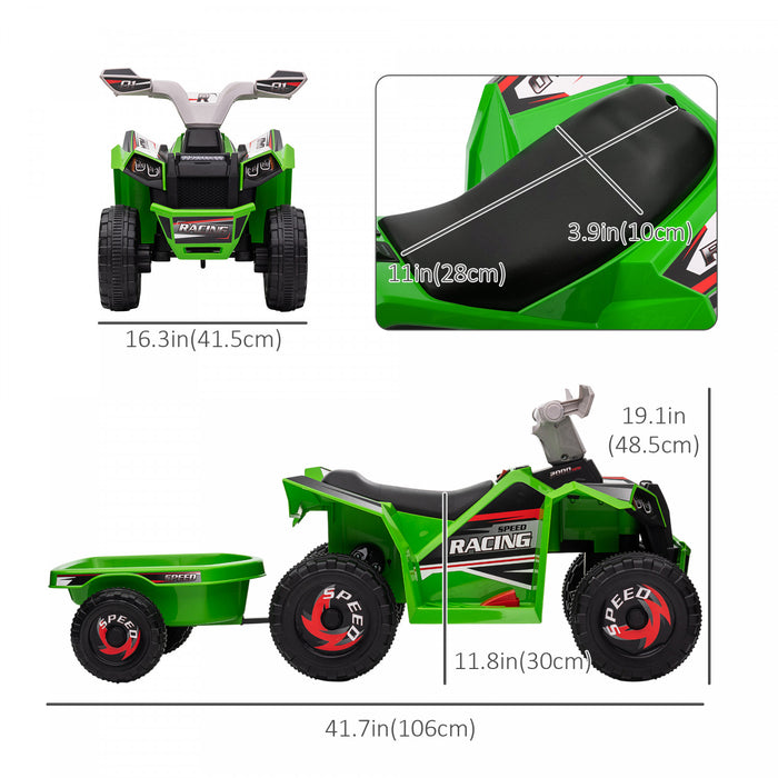 Aosom 6v Kids Atv Quad, Battery Powered Ride-On Electric Vehicle For Kids With Back Trailer, Wear-resistant Wheels, For Boys And Girls - Green