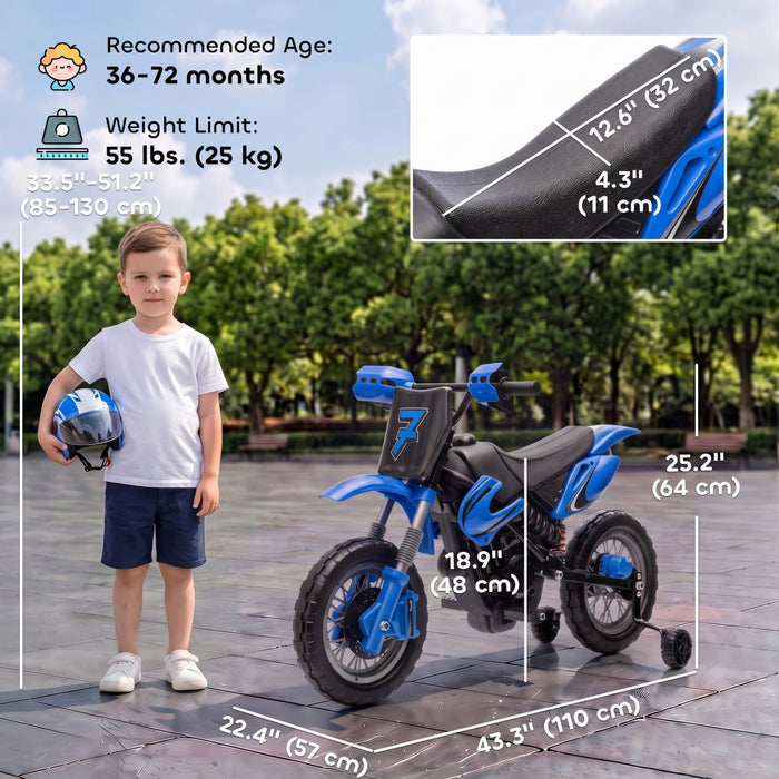 Qaba 12V Kids Electric Motorcycle, Battery Powered Ride on Motorcycle with Training Wheels, Electric Dirt Bike with Rear Suspension, Horn for Boys Girls 3-6 Years, Blue
