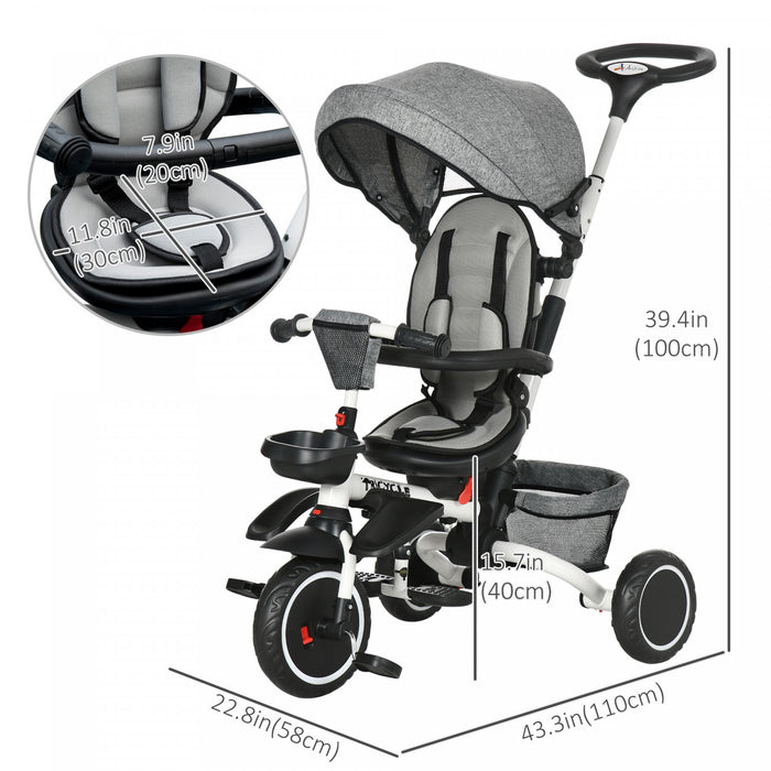 Aosom 6-in-1 Toddler Tricycle, Kids Trike With Rotatable Seat, Adjustable Push Handle, Safety Harness, Detachable Canopy, Semi-reclining Footrest, For 12-50 Months, Grey