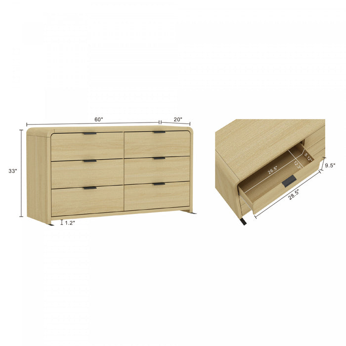 Grace Modern 60\" Dresser in Natural Oak (6-Drawer)