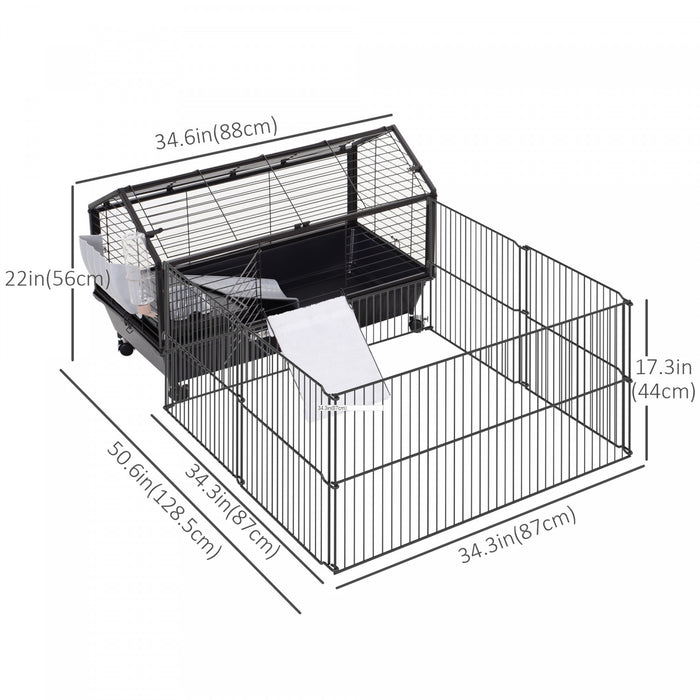 Pawhut Metal Small Rabbit Hutch Cage Main House Guinea Pig Hutch Small Animal Shed W/ Wheels And Brakes Foldable Large Run Detachable Black (35\" L X 50.5\" W X 22\" H)