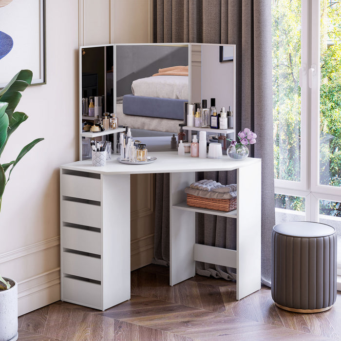 HOMCOM Corner Vanity Table, Makeup Desk with 3-piece Mirror and 5 Drawers