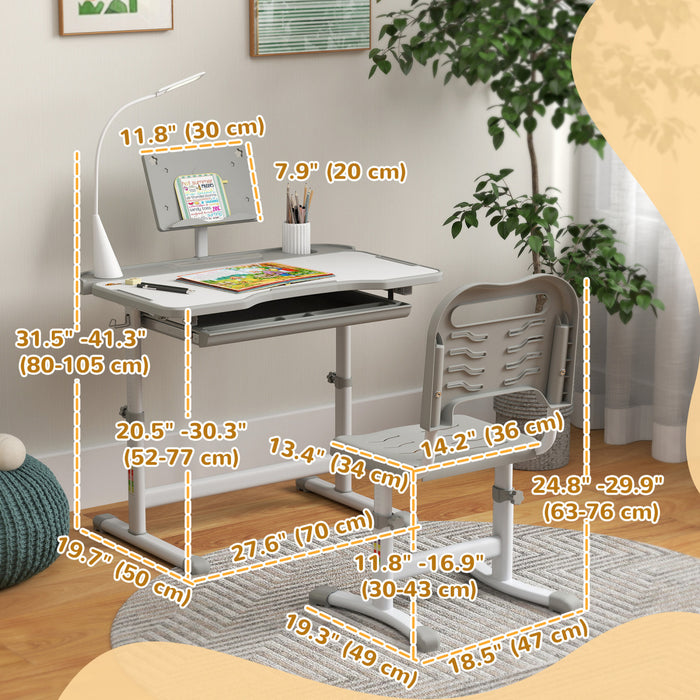 Qaba Kids Desk And Chair Set Height Adjustable Student Writing Desk Children School Study Table With Tilt Desktop, Led Lamp, Pen Box, Drawer, Reading Board, Cupholder, Grey