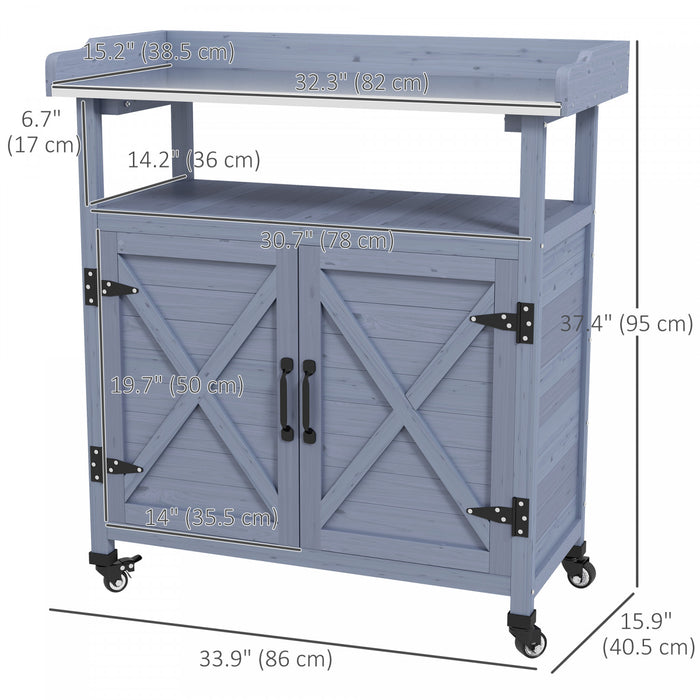 Outsunny Outdoor Potting Bench With Storage, Wheels, Grey