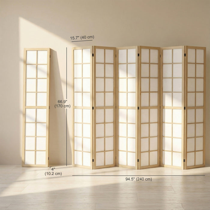 HOMCOM 6 Panel Room Divider, 5.6 ft Folding Privacy Screen, Natural Wood