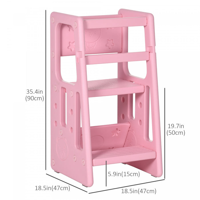 Qaba Toddler Kitchen Helper 2 Step Stool With Adjustable Height Platform And Safety Rail, Pink