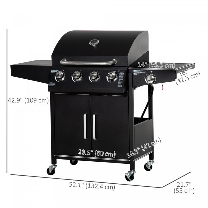Outsunny 4+1 Burner Liquid Propane Gas Grill, 48,000 BTU Outdoor Portable BBQ Grill with Side Burner, Warming Rack, Side Shelf, Storage Cabinet, Thermometer, 4 Wheels, Black