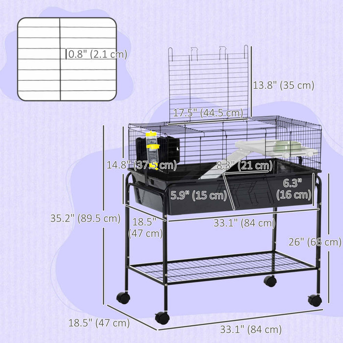 Pawhut Small Animal Cage, 35\" Rolling Guinea Pig Cage With Detachable Stand, Water Bottle, Food Dish, Ramp, Wheels, For Rabbit, Bunny, Ferret, Chinchilla, Dark Grey