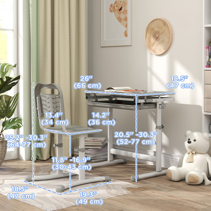 Qaba Kids Desk And Chair Set, Height Adjustable Study Table And Chair Set With Drawer, Pen Slot, Tiltable Desktop, Hook, Grey