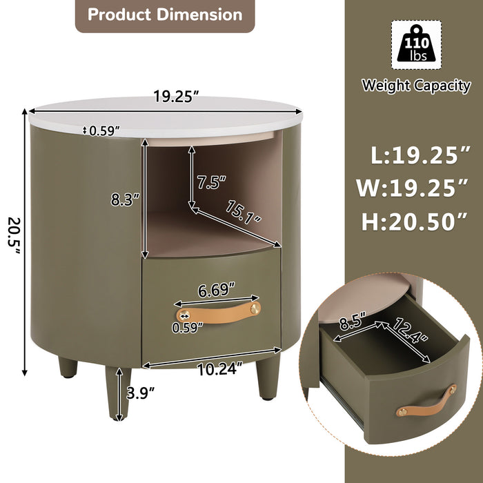 Olivia Modern Curved Design Round Nightstand with Storage Drawer,Green