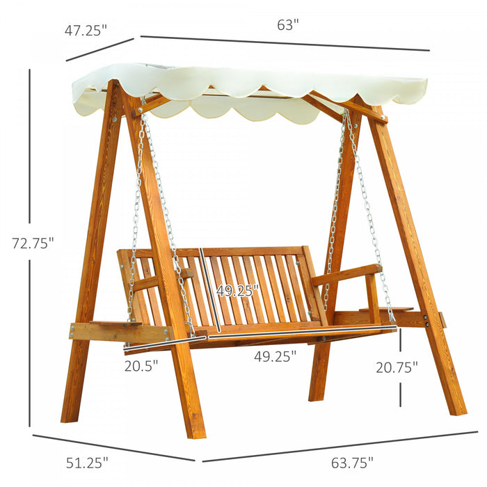 Outsunny 65\" Patio Swing Chair With Canopy Outdoor Wooden Swing Bench Hammock For Garden, Poolside, Backyard