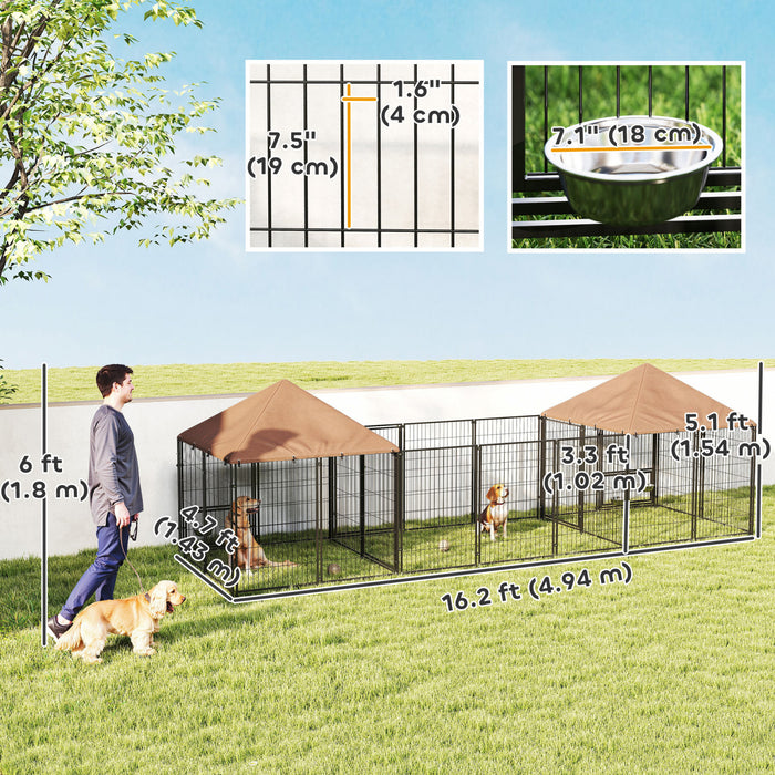 Pawhut Outdoor Dog Kennel With Two Rooms, Dog Run Outdoor With Rotating And Adjustable Height Bowls, Waterproof Uv-resistant Cover, Secure Lock, 16.2' X 4.7' X 5.1'