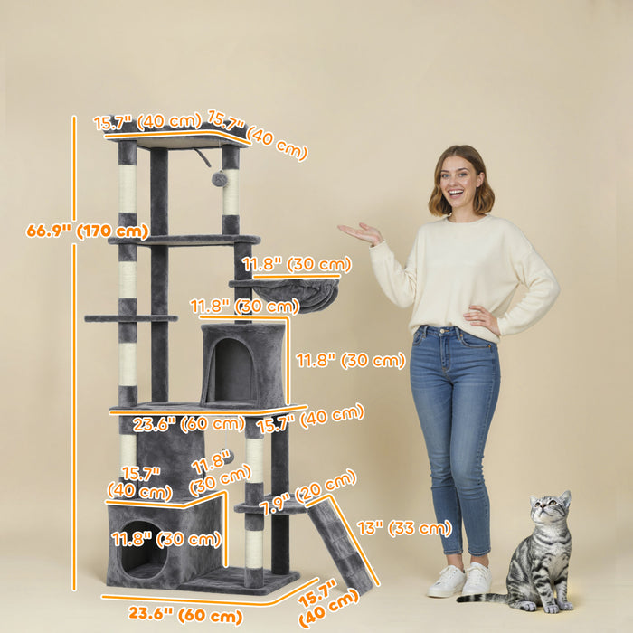 PawHut Cat Tree, 67\" Large Cat Tower for Indoor Kittens Multi-Level with 7 Scratching Posts, Tunnel, 2 Plush Condos, Hammock, Perch, Ramp, Pompoms, Dark Grey