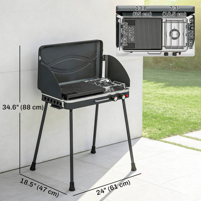Outsunny 2-in-1 Camping Stove & Gas Griddle Combo, 20,000 BTU 2-Burner Portable Propane Grill with Detachable Legs, Wind Guards for Barbecue, Tailgating, Outdoor Cooking, Black