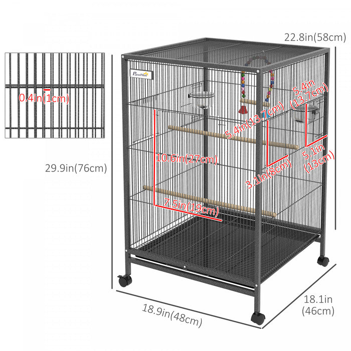 Pawhut 29\" Bird Cage With Rolling Stand For Parrots, Love Birds, And Finches, Large Bird Cage With Colourful Swing, Stainless Steel Bowls, Removable Tray - Grey