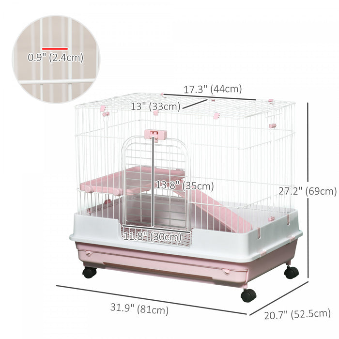 Pawhut 27\"h 2-level Small Animal Cage Rabbit Hutch With Universal Lockable Wheels, Slide-out Tray For Bunny, Chinchillas, Ferret, Pink