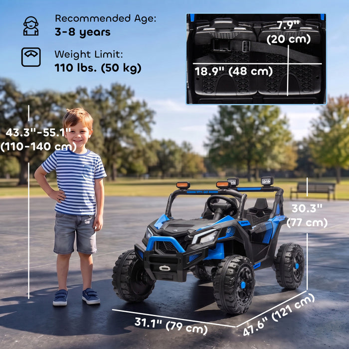 Qaba 24V 2 Seater Ride On Car for Kids, Electric Kids UTV with Dual 120W Motors, Remote Control, 4-Wheel Suspension, Soft Start, Seat Belt, Rear Storage, Music for Ages 3-8, Blue