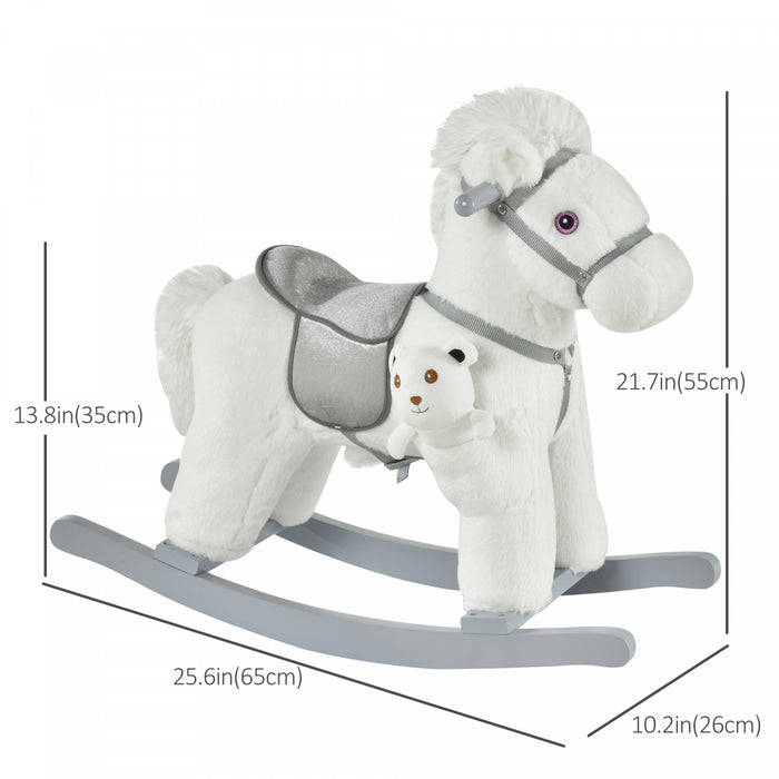 Qaba Kids Plush Ride-on Rocking Horse With Bear Toy, Children Chair With Soft Plush Toy & Fun Realistic Sounds, White