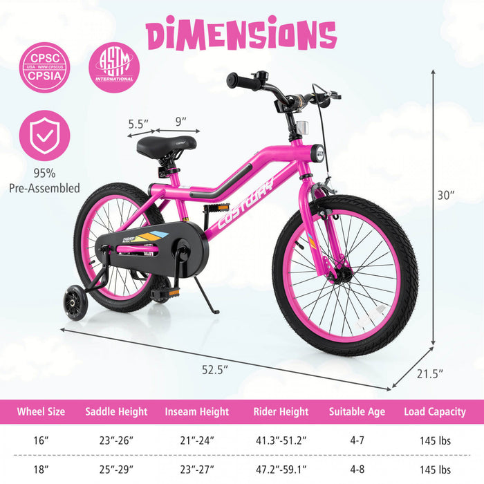 Costway 18\" Led Lighted Kids Bike With Adjustable Seat Coaster Brake Training Wheels Pink