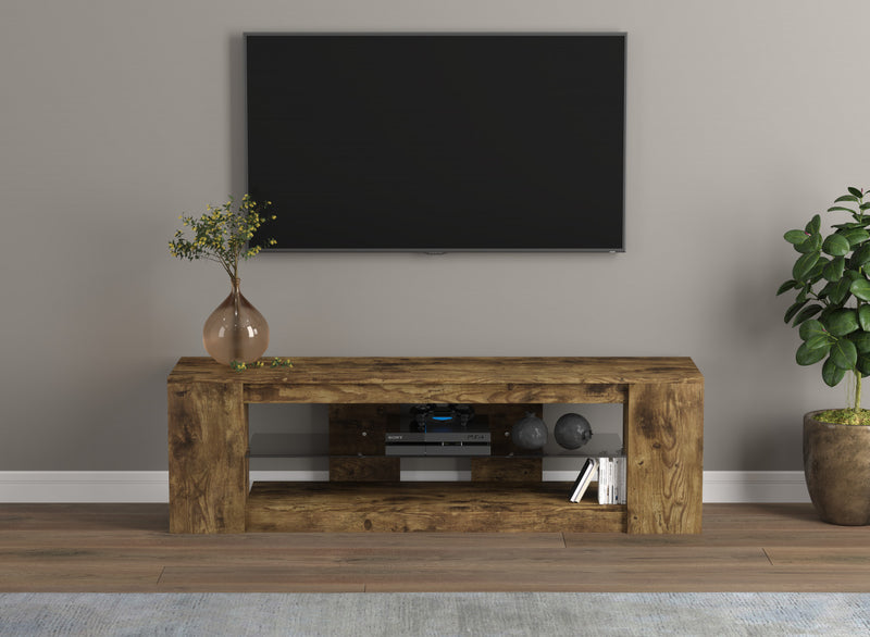 55” TV Stand With 2 Shelves And Tempered Glass - Brown Reclaimed Wood
