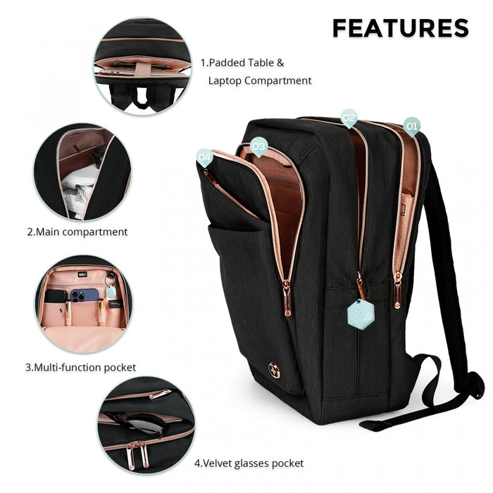 Swissdigital Design Smart Backpack KATY ROSE - Rucksack with Integrated Charging Port - Black