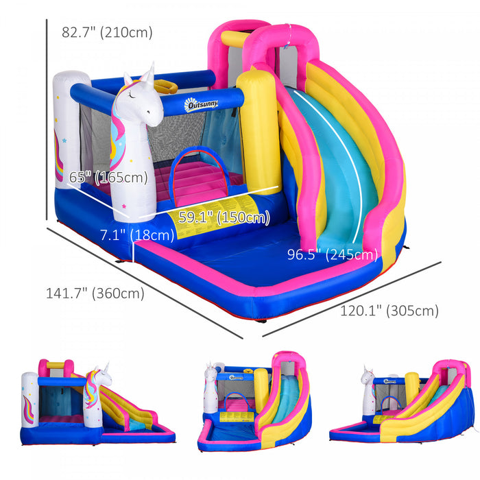 Outsunny Kids Bouncy House Inflatable Trampoline Water Slide Pool Bounce Castle Climbing Wall 5 In 1 With Inflator For Kids Age 3-8 Summer 12.4' X 10.5' X 6.9'