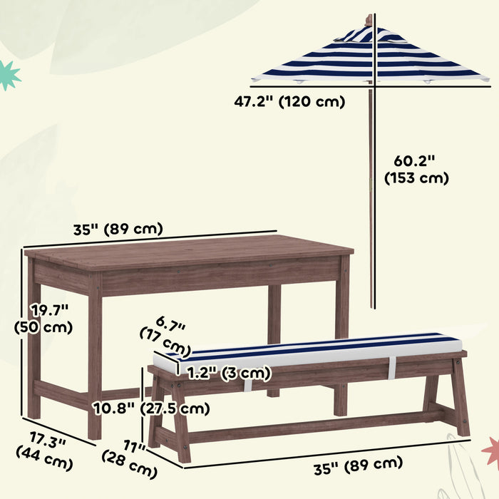 Qaba Kids Picnic Table, Wooden Table & Bench Set with Removable Umbrella, Cushions, Toddler Activity Furniture for Garden, Backyard, Patio, Navy Blue