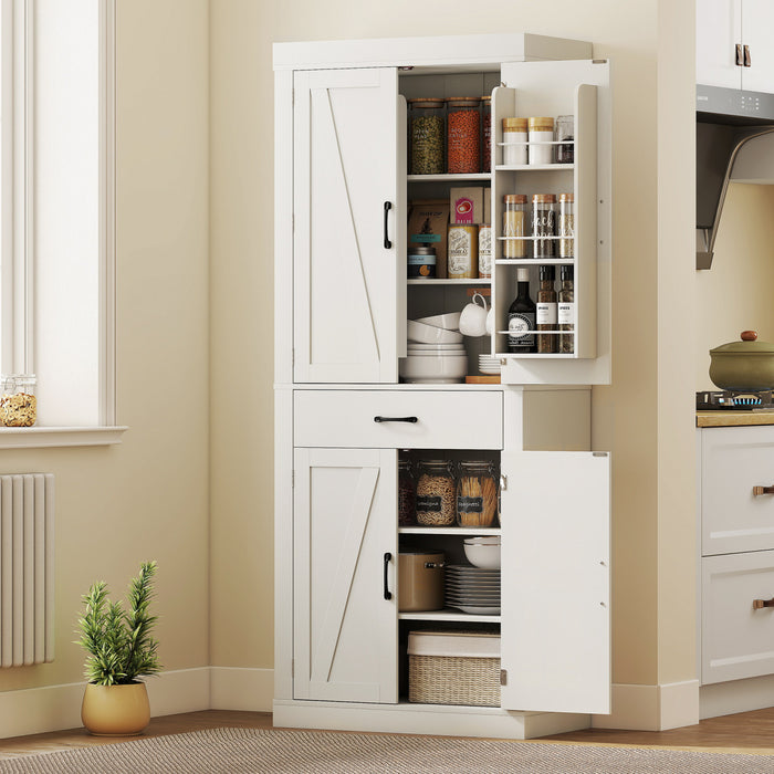 72\" Kitchen Pantry Cabinet, Kitchen Storage Cabinet with Barn Doors, White