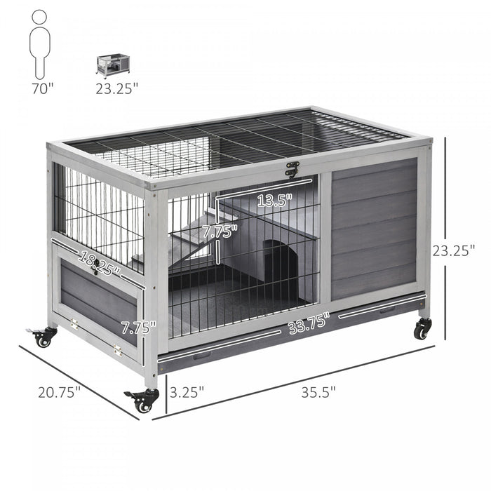 Pawhut Wooden Indoor Rabbit Hutch Elevated Bunny Cage Habitat With Enclosed Run With Wheels, Ideal For Rabbits And Guinea Pigs, Grey