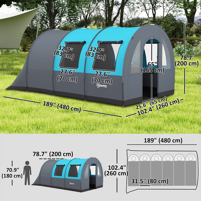 Outsunny 5-6 Person Camping Tent, Waterproof Tunnel Family Tent, Grey/blue