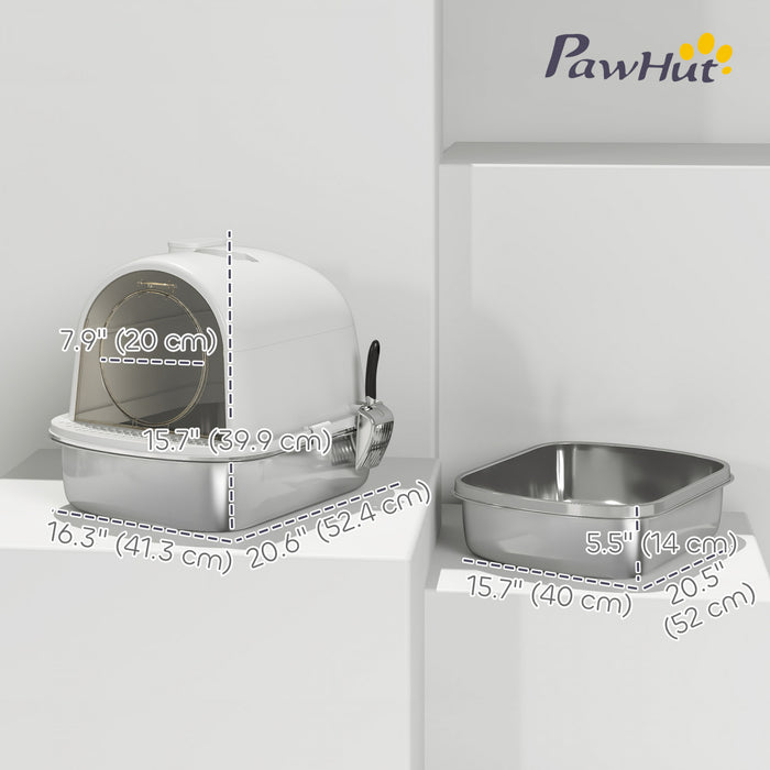 Pawhut Stainless Steel Litter Box With Lid, Enclosed Cat Litter Box With Scoop, Deodorizer Bag, Handle, Odour Control, Non-sticky And Easy To Clean, White