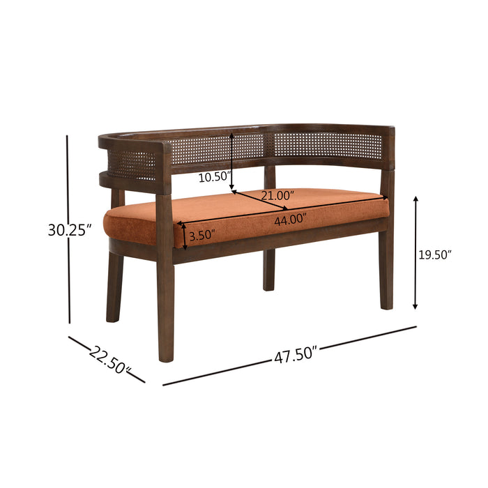 Rattan 47.5 Inch Rattan Upholstered Loveseat with Hand-Woven Backrest, Dark Orange, Walnut