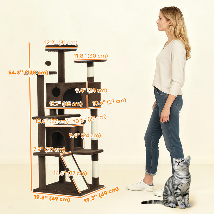 PawHut 54\" Cat Tree, Cat Tower for Indoor Cats with Scratching Posts, Cat Condos, Bed, Platforms, Ramp, Toy Ball, Cat Activity Center, Light Brown