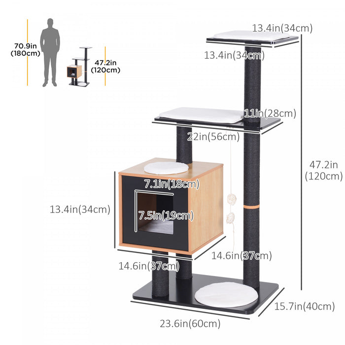 Pawhut 47\" Wood Cat Tree, Cat Condo Tower With Scratching Post, Toy Ball, Black