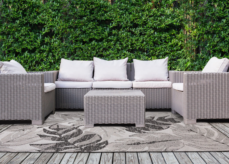 Jackson Grey White Botanical Leaves Rug, 7'10\" x 10'6\" Outdoor Area Rug