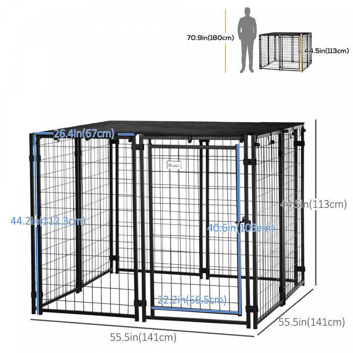 Pawhut Outdoor Dog Kennel, Welded Wire Steel Fence, Lockable Pet Playpen Crate, With Top Cover, Door, Black