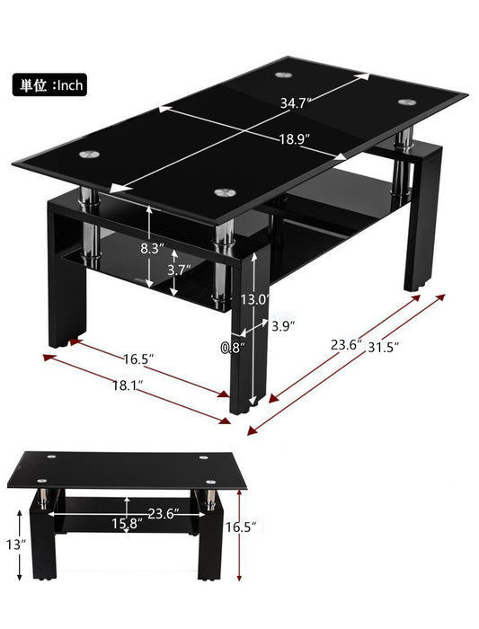 Lucius Modern Geometric Design Tempered Glass Coffee Tablewith Metal Frame and Clear Glass,Black