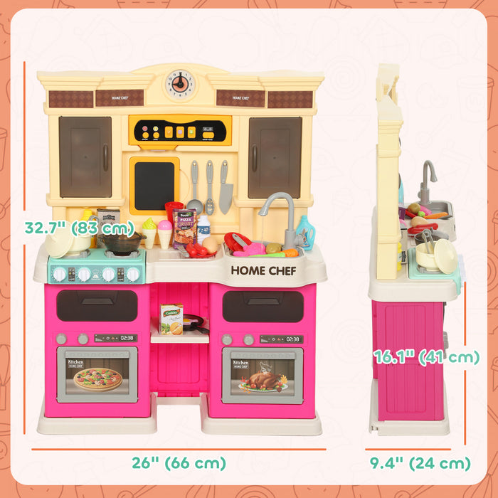 Qaba Kids Kitchen Playset for Toddler, Play Kitchen Set with Real Lights and Sounds, Sink, Stove, Clock, Cookware Accessories, Play Food Set for Aged 3-6 Years Old, Pink