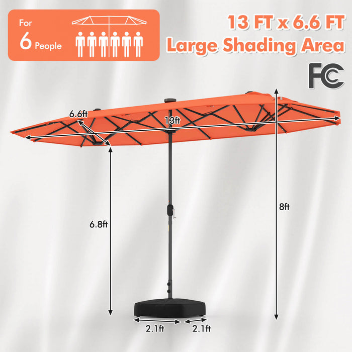 Costway 13 FT Double-sided Patio Umbrella with Solar Lights Crank Handle Umbrella Base Orange