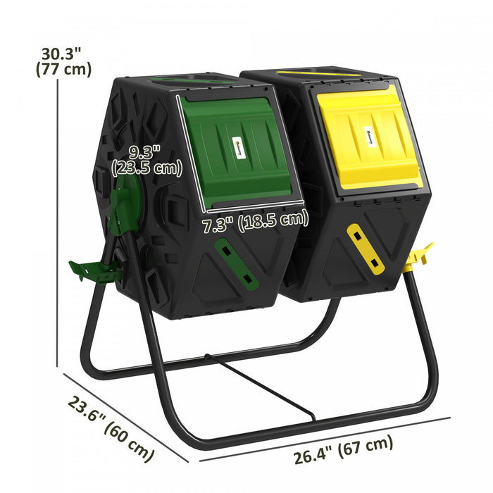 Outsunny 34.5 Gallon Composter, Dual Chamber Compost Bin, Yellow And Green