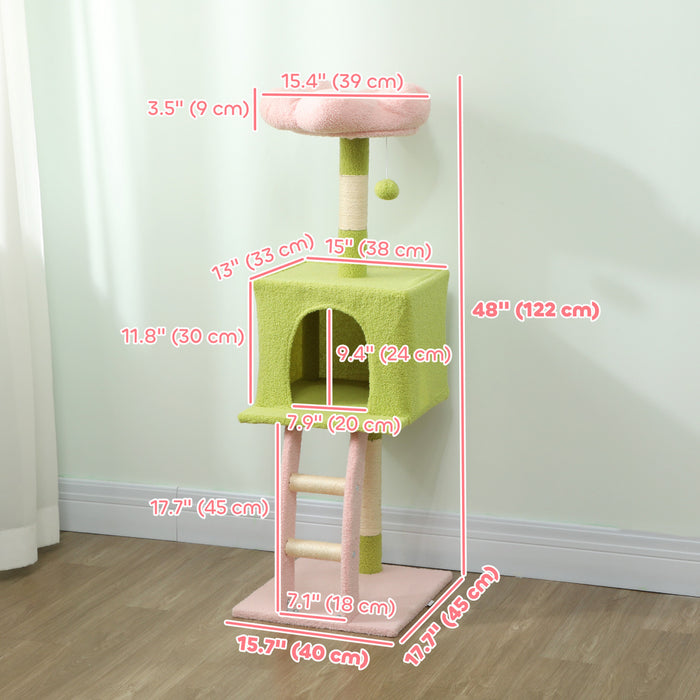 PawHut Flower Cat Tree, 48\" Cat Tower for Indoor Large Kitty with Scratching Post, Cozy Bed, Condo, Climbing Ladder, Perch, Dangling Ball, Multi-Level Kitten Activity Center