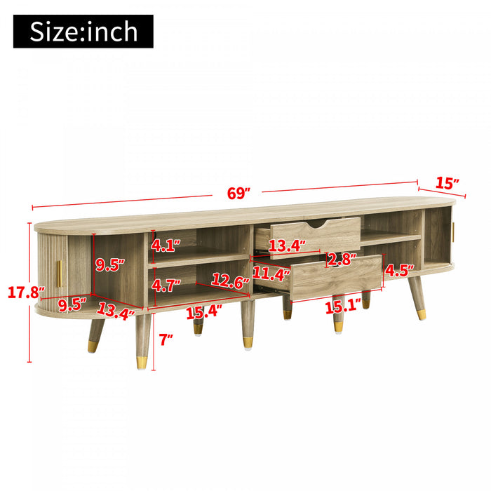Rustic 69 Inch TV Cabinet with Sliding Door and Light Wood Finish, Wood