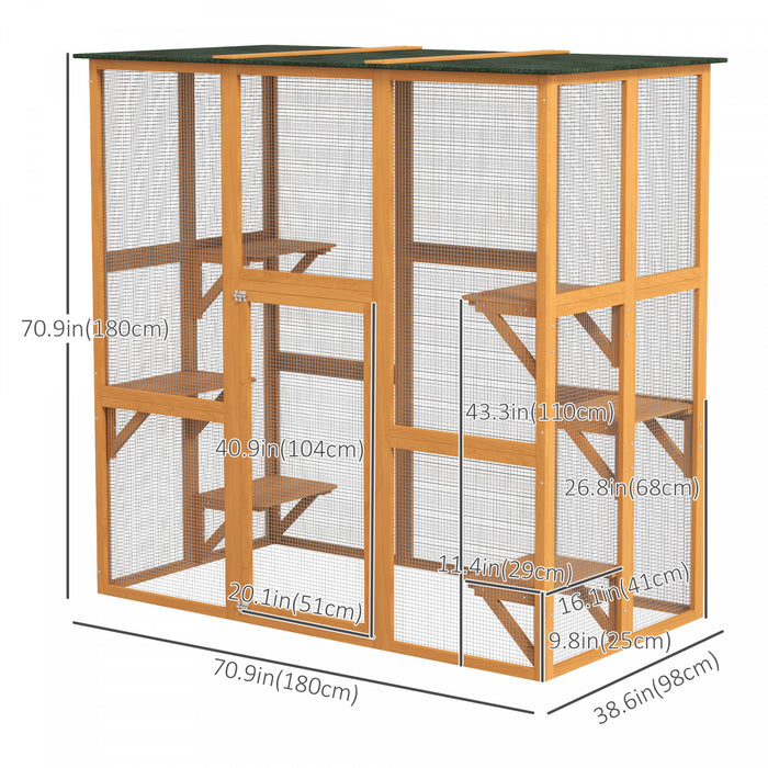 Pawhut Large Outdoor Catio Enclosure, Weatherproof Cat House With Asphalt Roof, Wooden Cat Patio Cage With 6 Balanced Platforms, 71\" X 39\" X 71\", Orange