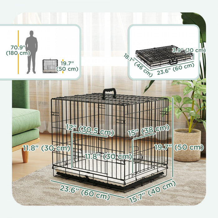 PawHut Dog Crate, 24\" Folding Metal Dog Kennel with 2 Doors, Removable Tray, Soft Cushion, Handle, Pet Cage for Extra Small Dogs, Black