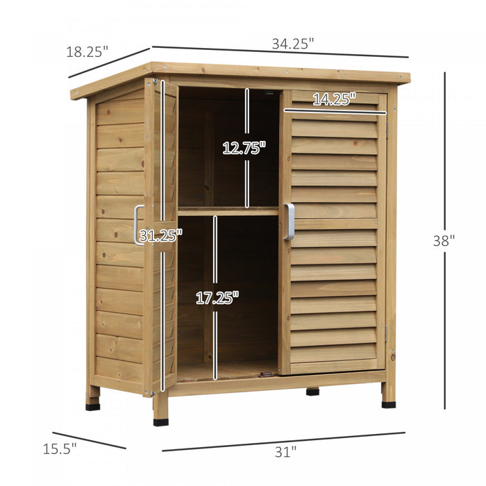 Outsunny Garden Shed Wooden Garden Storage Shed 2 Door Unit Solid Fir Wood Garage Tool Organisation Cabinet, 34.3\" X 18.3\" X 38\", Natural