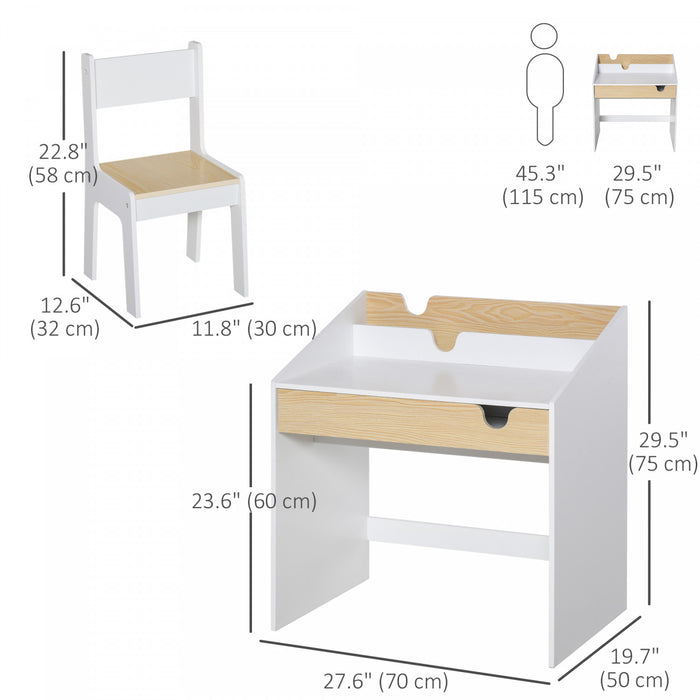 Qaba Kids Desk and Chair Set, 2 Pieces Children Study Table and Chair with Storage Pull-Out Drawer Bookshelf for 6-10 Years, Writing, Reading, Drawing, White and Natural