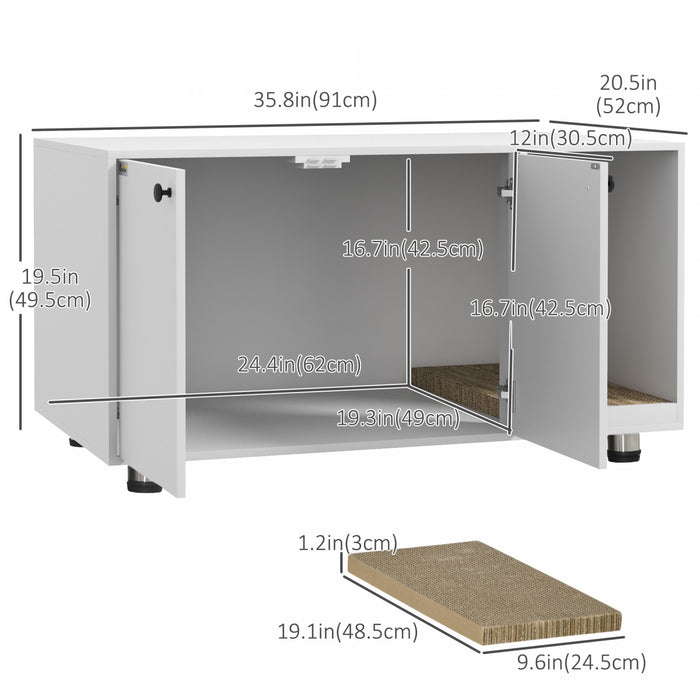 Pawhut Cat Litter Box Enclosure, Industrial Hidden Cat Washroom Furniture, End Table With Double Doors And Scratching Pad For Living Room, Bedroom, Hallway, White